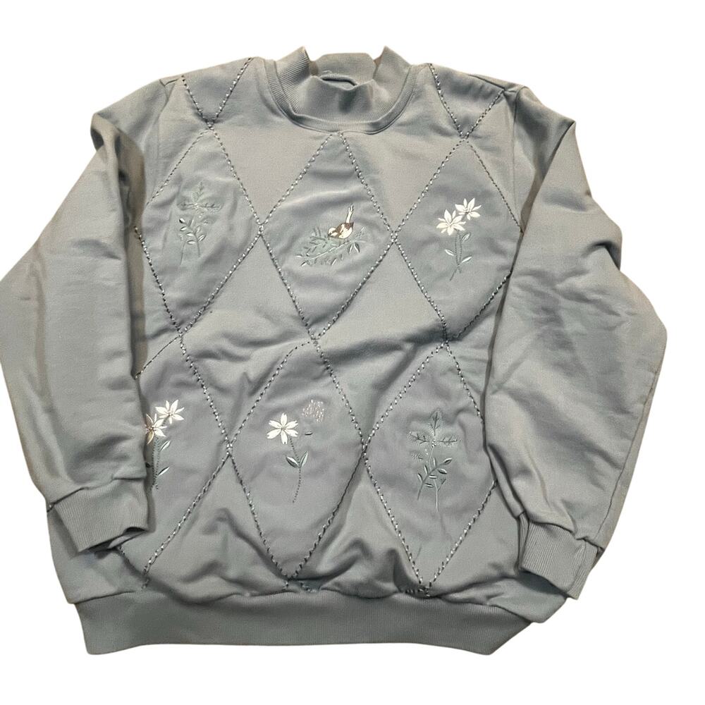 Vintage Women‎ XL Blue Argyle Sweatshirt Bird Floral Embroidered Cottagecore